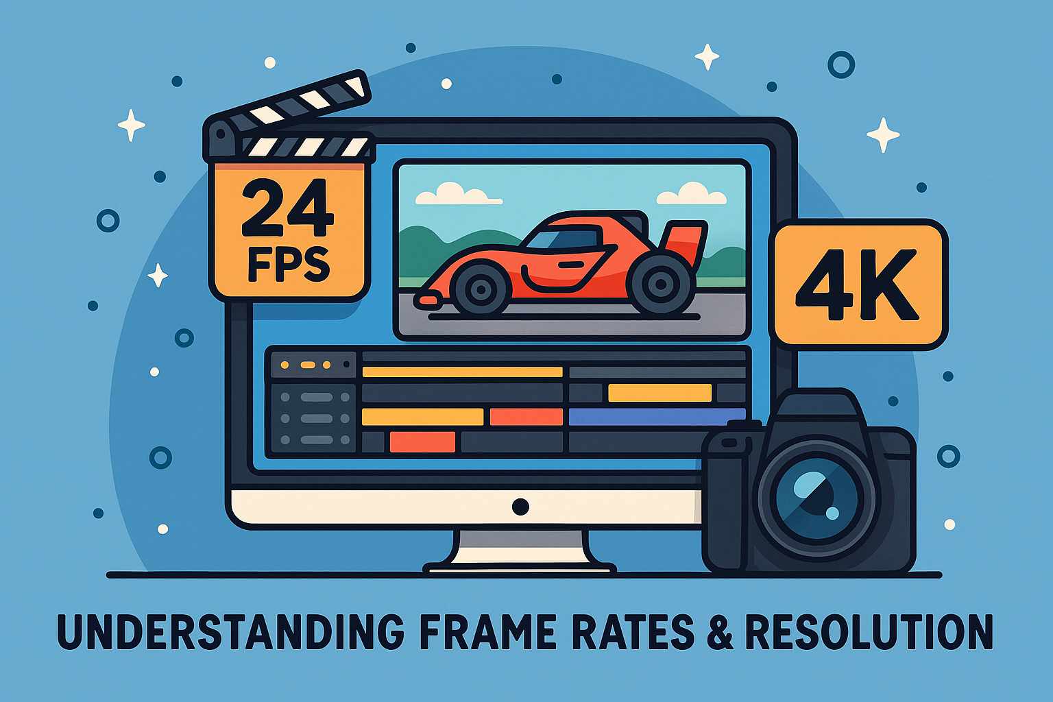 Cartoon illustration of a monitor showing frame rates and resolution settings